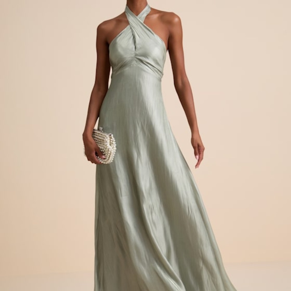 Lulus Canley Sage Satin Cross-front Halter Maxi Dress Green - Size L